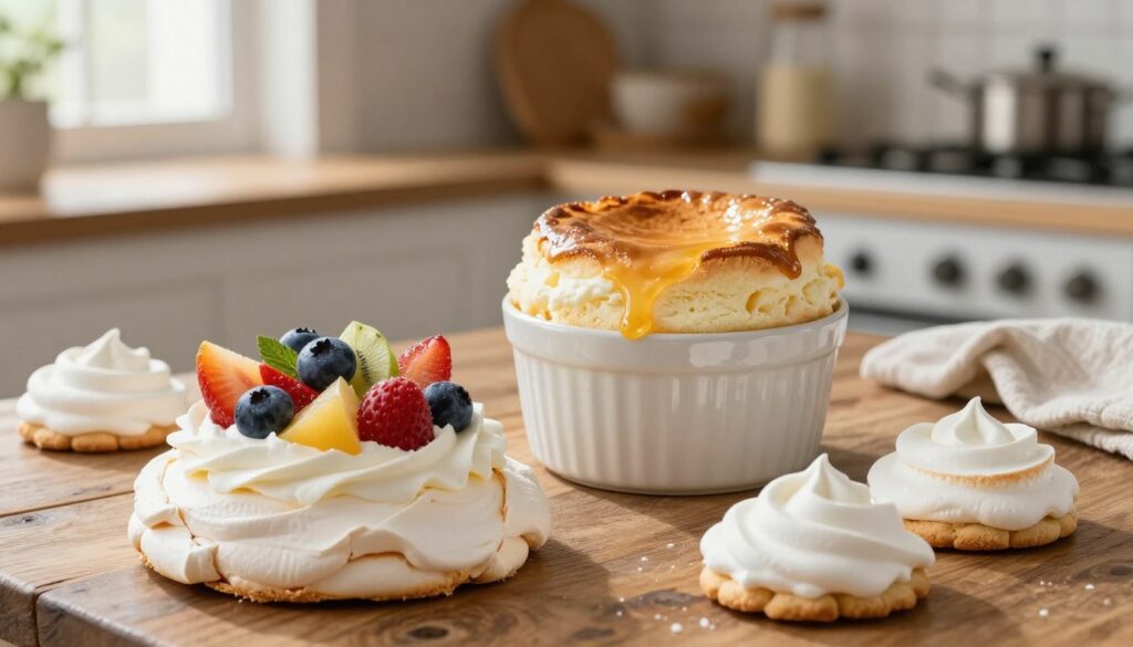 A beautiful assortment of desserts made from egg whites, displayed elegantly on a rustic wooden table. In the foreground, showcase a delicate pavlova topped with fresh fruits and whipped cream, alongside light and airy meringue cookies. In the middle, a classic souffle rises proudly in a ceramic ramekin, with a silky texture glistening under soft, warm lighting. The background features a blurred kitchen setting, hinting at baking tools and ingredients, enhancing the homemade feel. Natural light streams through a nearby window, creating a cozy atmosphere. The overall mood is inviting and joyful, emphasizing the delightful and creative uses of egg whites in desserts.