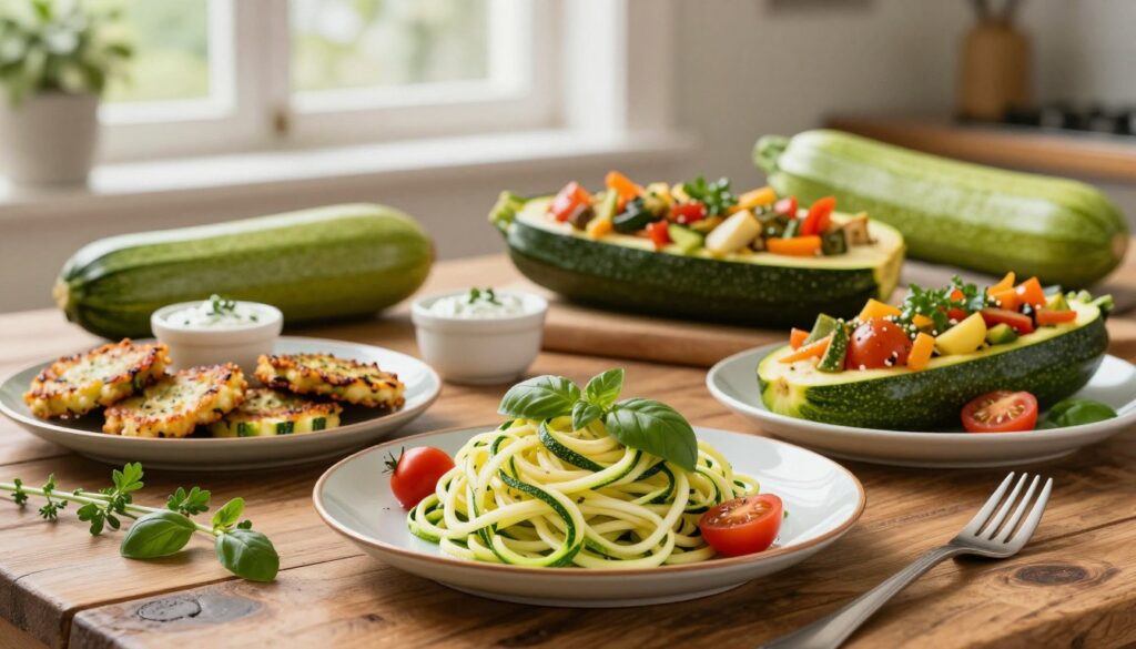 A beautifully arranged dish of zucchini, showcasing an array of popular zucchini recipes. In the foreground, a vibrant plate of zucchini noodles garnished with fresh basil and cherry tomatoes. Beside it, crispy zucchini fritters with a dip, and a stuffed zucchini boat overflowing with vegetables. In the middle ground, a rustic wooden table setting adorned with fresh herbs and a few whole zucchinis, creating an inviting culinary atmosphere. The background features soft, natural lighting filtering through a window, enhancing the freshness of the ingredients. The focus is sharp on the dishes, while the background is slightly blurred, creating a professional kitchen ambiance, evoking a warm and appetizing mood.