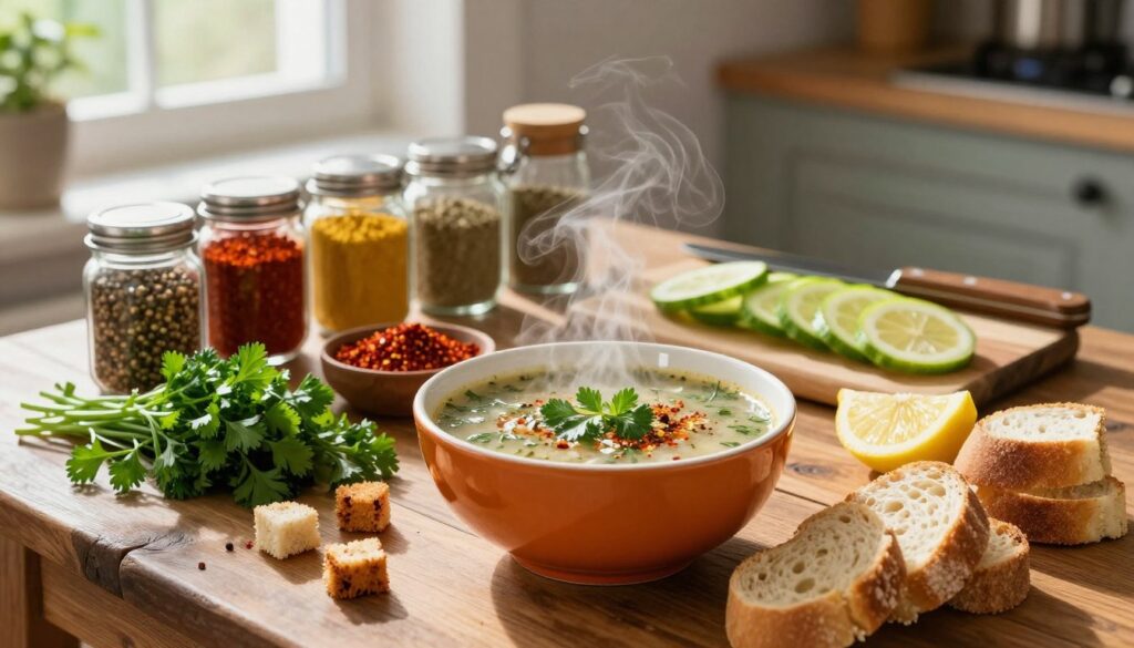 A beautifully arranged display of various soup garnishes and add-ins that enhance flavor, set on a rustic wooden table. In the foreground, a vibrant bowl of steaming soup with visible herbs and spices, surrounded by fresh ingredients like chopped parsley, croutons, lemon wedges, and warm bread. In the middle ground, jars containing colorful spices and seasonings like smoked paprika, cumin, and chili flakes, along with a cutting board featuring thinly sliced vegetables and a small knife. In the background, soft natural light filters through a kitchen window, casting gentle shadows, creating an inviting and warm atmosphere. The overall mood is cozy and inspiring, perfect for cooking enthusiasts. The angle is slightly elevated to capture the details and inviting layout of the garnishes.