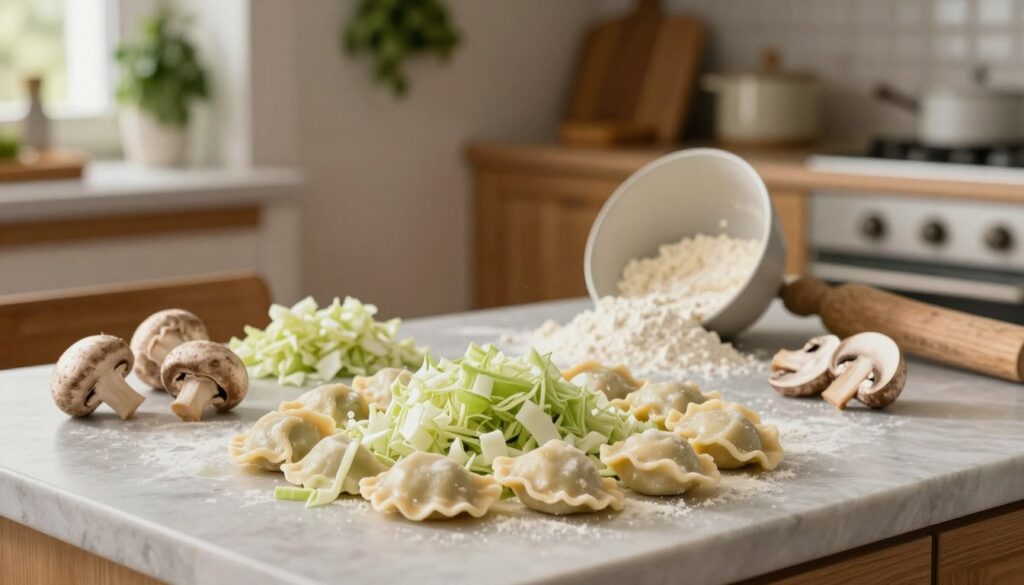A beautifully arranged kitchen countertop showcasing common mistakes in preparing pierogi filling with cabbage and mushrooms. In the foreground, a spread of imperfectly chopped vegetables, like uneven cabbage pieces and whole, unchopped mushrooms, illustrating lack of preparation. The middle ground features a cluttered table with spilled ingredients, such as flour and an overturned bowl, conveying chaos and errors in the cooking process. The background reveals a warm, inviting kitchen setting with wooden cabinets and hanging herbs, bathed in soft, natural light, creating a homely atmosphere. The depth of field draws focus on the mistakes while maintaining elegance in the setting, evoking a sense of traditional Polish cooking.