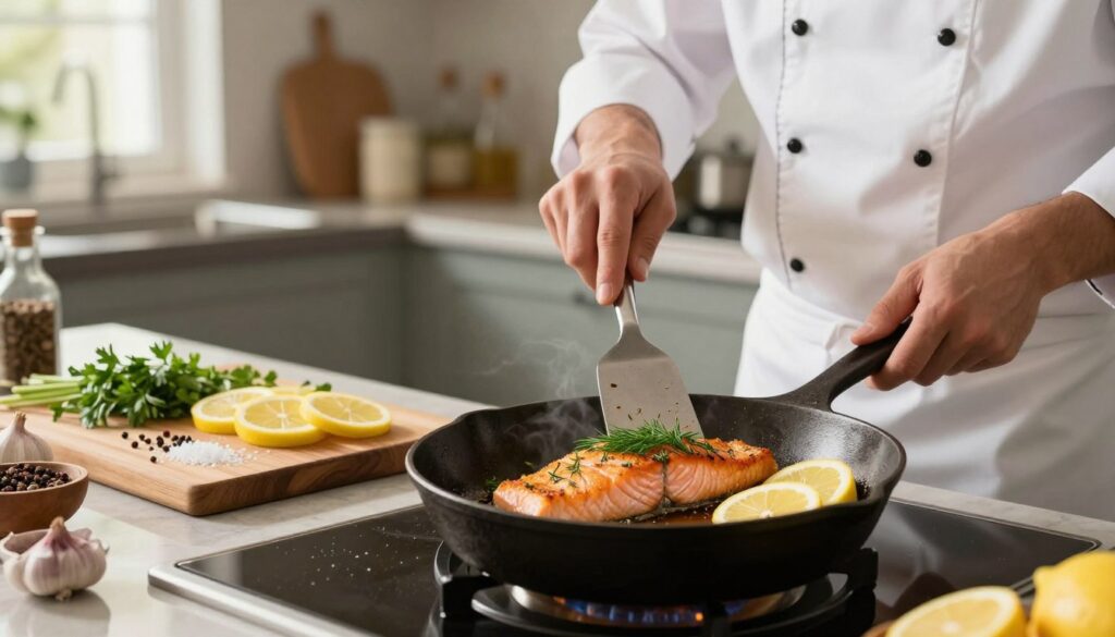 A beautifully arranged kitchen scene featuring a chef skillfully frying salmon fillets in a cast-iron skillet. The salmon, golden-brown and perfectly crispy, is garnished with fresh herbs such as dill and parsley, alongside colorful slices of lemon. In the foreground, the sizzling fillets are being flipped with a spatula, while the chef, dressed in a professional white apron and chef’s hat, concentrates on their craft. The middle ground shows a wooden cutting board with spices like salt, pepper, and garlic, enhancing the aromatic atmosphere. The background features warm, inviting kitchen decor with soft, natural lighting streaming in from a nearby window, creating a cozy and vibrant cooking environment. The mood is lively yet focused, showcasing the art of aromatic frying.