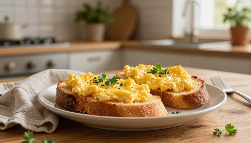 A beautifully arranged plate of classic "chleb w jajku," showcasing slices of golden-brown, crispy bread coated in a fluffy, scrambled egg mixture, garnished with fresh herbs. In the foreground, the glossy, vibrant dish lies on an elegant wooden table, with a rustic linen napkin beside it. The middle of the scene features a softly glowing kitchen background, with subtle hints of homey decor such as potted herbs and a warm, inviting light filtering through a window, creating an atmosphere of comfort. Capture this scene with a warm palette and soft focus, evoking nostalgia and a desire for hearty, home-cooked meals. The overall mood should feel warm and inviting, ideal for a cozy home kitchen setting.