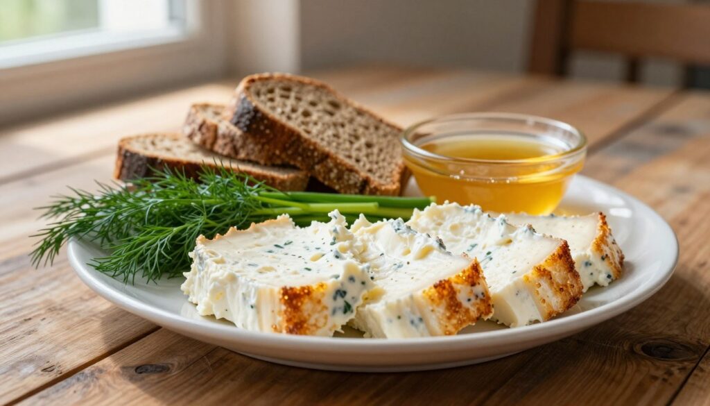 A beautifully arranged plate of smoked twaróg, showcasing its creamy texture and golden-brown edges, is positioned in the foreground. Surrounding the twaróg are fresh herbs like dill and chives, adding a vibrant green contrast. In the middle, soft slices of rye bread and a small bowl of honey are artfully placed to complement the cheese's flavor. The background is a rustic wooden table with a warm, inviting atmosphere, illuminated by soft, natural sunlight filtering through a nearby window, casting gentle shadows. The overall mood is cozy and appetizing, evoking a sense of traditional Polish culinary heritage. The image should capture the essence of smoked twaróg as a versatile ingredient, perfect for both sweet and savory dishes.
