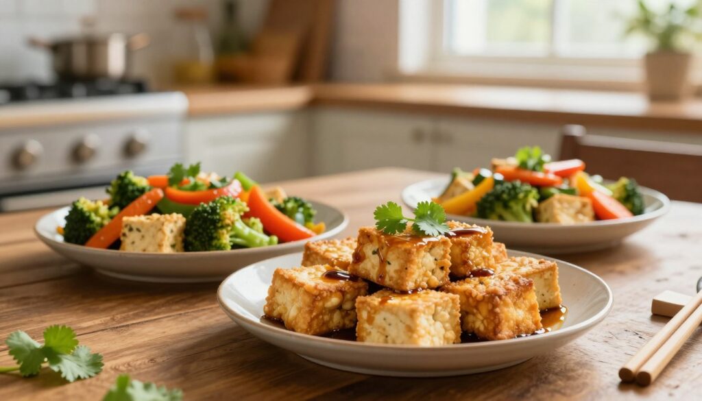 A beautifully arranged plate of tofu dishes highlighting various ways to enjoy tofu, set on a rustic wooden table. In the foreground, a close-up of crispy golden-brown fried tofu cubes garnished with fresh cilantro and a drizzle of soy sauce. Next to it, a vibrant bowl of tofu stir-fried with colorful vegetables like bell peppers, broccoli, and carrots, glistening in the warm light. In the background, a soft-focus scene of a kitchen with natural light streaming in through a window, casting a warm glow. The atmosphere is inviting and homely, evoking a sense of comfort and culinary exploration. The scene captures an array of textures and colors, emphasizing tofu as a versatile and delicious ingredient.