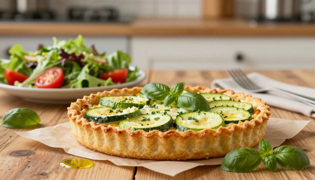 A beautifully arranged savory zucchini tart, showcasing a golden, flaky crust filled with fresh zucchini slices, herbs, and melted cheese. In the foreground, the tart is elegantly placed on a rustic wooden table, garnished with sprigs of basil and a drizzle of olive oil. The middle ground features a vibrant salad with mixed greens, cherry tomatoes, and light vinaigrette, complementing the tart. The background has a softly blurred kitchen setting, with warm, inviting lighting that enhances the colors of the food. The mood is cozy and inviting, perfect for a light meal. Shot with a shallow depth of field to focus on the tart, creating an appetizing and inviting atmosphere.