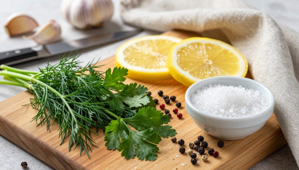 A beautifully arranged scene featuring essential herbs and spices for salmon preparation. In the foreground, vibrant sprigs of dill, parsley, and cilantro are artfully placed on a rustic wooden cutting board, alongside a small bowl of sea salt and a sprinkle of black pepper. The middle ground showcases fresh lemon slices, glistening with dew, and a variety of colorful peppercorns scattered for contrast. In the background, soft-focus kitchen elements like a knife, garlic cloves, and a lightly textured linen cloth create a warm, inviting atmosphere. The lighting is bright but soft, mimicking natural daylight to enhance the freshness of the ingredients. Aim for a cozy, culinary vibe, emphasizing the flavors that complement salmon beautifully.