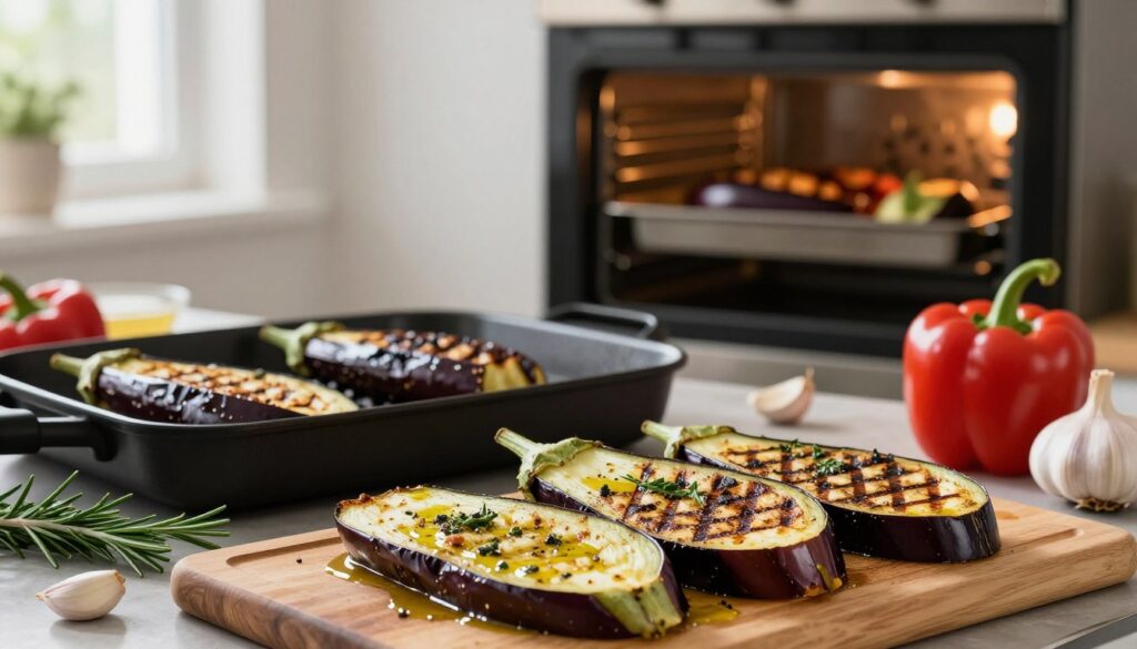 A beautifully arranged scene featuring grilled eggplants in a home kitchen setting. In the foreground, a cutting board displays perfectly sliced, seasoned eggplants, glistening with olive oil and sprinkled with herbs. The middle ground includes a traditional grill pan with the eggplants beautifully charred, showing distinct grill marks. Surrounding the grill pan are vibrant ingredients like bell peppers, garlic cloves, and sprigs of rosemary, enhancing the color palette. In the background, an oven is visible, with a tray of roasted eggplants inside, emanating warmth and rich aromas. Soft, natural lighting filters in from a nearby window, creating a warm and inviting atmosphere. The focus is sharp on the grilled eggplants, with a slight bokeh effect on the background, showcasing the cooking process in a cozy, culinary space.