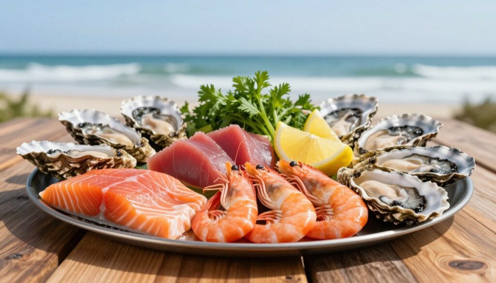 A beautifully arranged seafood platter featuring a variety of fish and shellfish, meticulously presented on a rustic wooden table. In the foreground, vibrant slices of salmon and tuna are interspersed with shrimp and oysters, glistening under soft natural lighting. The middle ground showcases fresh herbs and lemon wedges, adding color and freshness to the scene. In the background, a blurred seaside view with gentle waves and a clear blue sky evokes a serene atmosphere. The focus is sharp on the seafood, highlighting textures and details, while the lighting creates a warm, inviting ambiance. This composition emphasizes the culinary aspect of fish and seafood, relevant to discussions of histamine intolerance in a sophisticated manner.