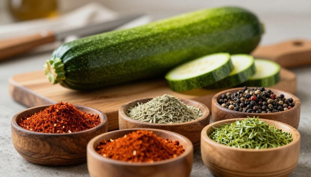 A beautifully arranged selection of spices ideal for enhancing zucchini flavors. In the foreground, vividly colored spices in small wooden bowls: smoked paprika, oregano, garlic powder, pepper, and a bright green herb mix. The middle ground features a sleek, freshly sliced zucchini, its vibrant green contrasting with the warm, earthy tones of the spices. In the background, a rustic wooden cutting board and soft-focus kitchen utensils create a cozy cooking atmosphere. Soft, natural lighting highlights the textures of the vegetables and spices, giving a warm and inviting feel. Use a shallow depth of field to keep the focus on the spices and zucchini while subtly blurring the background, evoking a sense of culinary delight and simplicity.