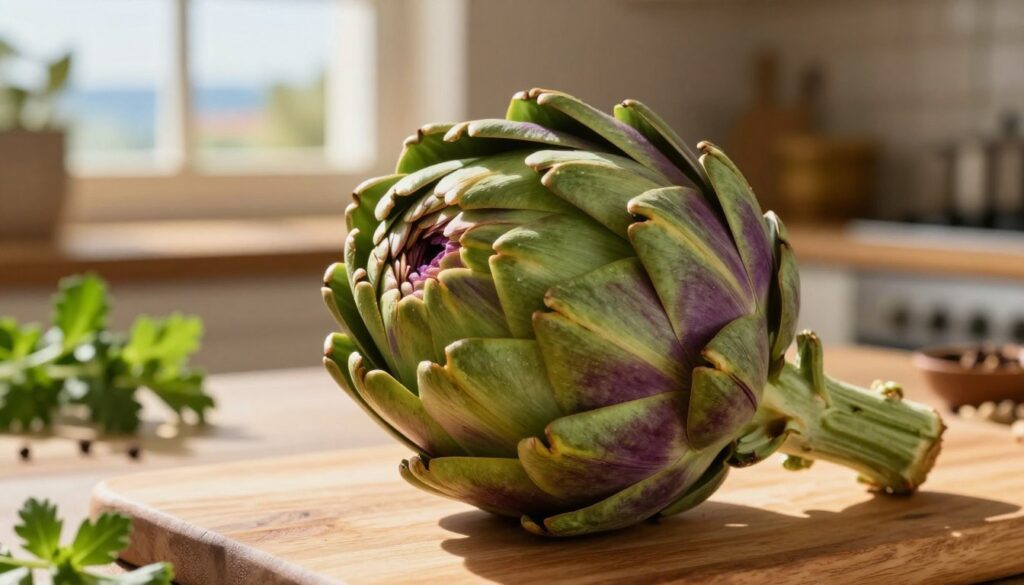 A beautifully detailed artichoke with its fleshy, edible flower base prominently displayed in the foreground, showcasing vibrant green and purple hues. The middle ground features a rustic kitchen setting with wooden textures, a subtle hint of a Mediterranean landscape through a window, bathed in warm, golden sunlight, enhancing the freshness of the scene. Soft shadows play across the artichoke, emphasizing its curves and textures, while an inviting atmosphere is conveyed through natural lighting. The composition is captured at a slight angle, focusing on the artichoke, with blurred herbs and spices in the background to suggest culinary uses. This image evokes a sense of warmth and the rich flavors of Mediterranean cuisine, perfect for inspiring culinary creativity. A beautifully detailed artichoke with its fleshy, edible flower base prominently displayed in the foreground, showcasing vibrant green and purple hues. The middle ground features a rustic kitchen setting with wooden textures, a subtle hint of a Mediterranean landscape through a window, bathed in warm, golden sunlight, enhancing the freshness of the scene. Soft shadows play across the artichoke, emphasizing its curves and textures, while an inviting atmosphere is conveyed through natural lighting. The composition is captured at a slight angle, focusing on the artichoke, with blurred herbs and spices in the background to suggest culinary uses. This image evokes a sense of warmth and the rich flavors of Mediterranean cuisine, perfect for inspiring culinary creativity.