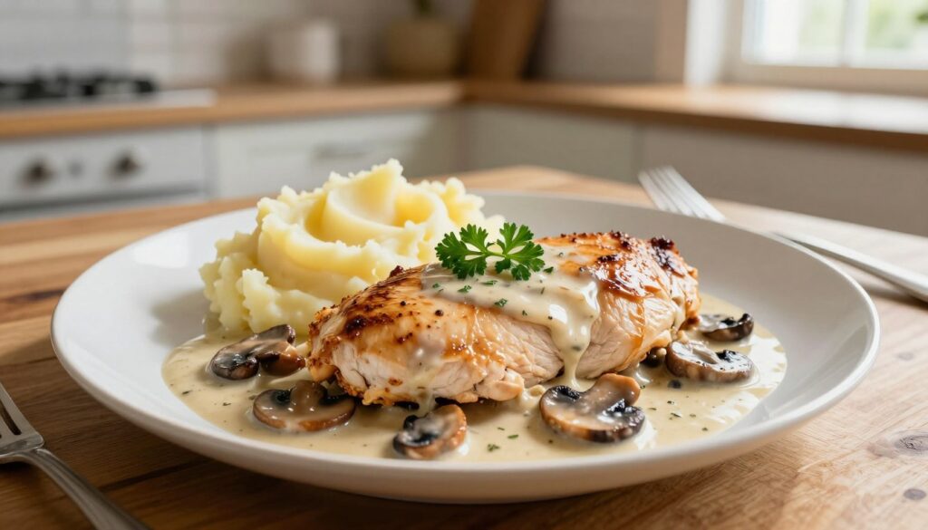 A beautifully plated chicken filet in creamy mushroom sauce, garnished with fresh parsley, is the focal point in the foreground. The tender, golden-brown filet glistens with the rich sauce, showcasing slices of sautéed mushrooms. In the middle ground, a simple side of buttery mashed potatoes complements the dish, creating a comforting home-cooked feel. The background features a softly blurred rustic kitchen setting, with warm wooden textures and natural light spilling in from a nearby window, casting gentle shadows. The atmosphere evokes a sense of warmth and coziness, perfect for a family dinner. The composition is captured from a slight overhead angle, emphasizing the plate’s details, while maintaining a clean and inviting aesthetic with no text or distractions. A beautifully plated chicken filet in creamy mushroom sauce, garnished with fresh parsley, is the focal point in the foreground. The tender, golden-brown filet glistens with the rich sauce, showcasing slices of sautéed mushrooms. In the middle ground, a simple side of buttery mashed potatoes complements the dish, creating a comforting home-cooked feel. The background features a softly blurred rustic kitchen setting, with warm wooden textures and natural light spilling in from a nearby window, casting gentle shadows. The atmosphere evokes a sense of warmth and coziness, perfect for a family dinner. The composition is captured from a slight overhead angle, emphasizing the plate’s details, while maintaining a clean and inviting aesthetic with no text or distractions.