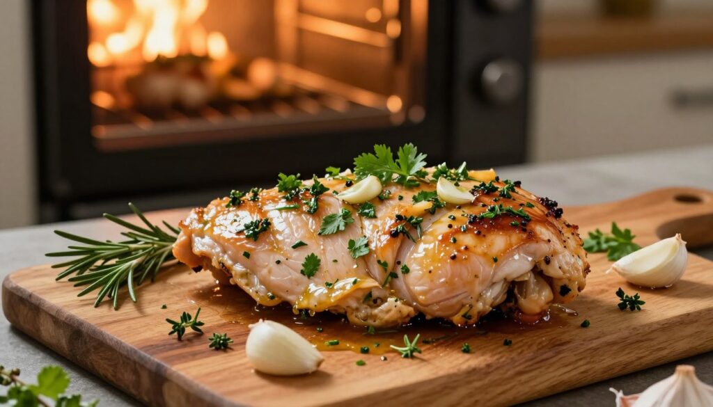 A beautifully presented dish of marinated chicken breast, glistening with a classic herb marinade featuring garlic, fresh parsley, rosemary, and thyme. The chicken is placed on a rustic wooden cutting board, surrounded by additional herbs and garlic cloves. In the background, a warm oven is visible, softly glowing as if the chicken is freshly baked. The lighting is warm and inviting, casting soft shadows that highlight the texture of the chicken and the vibrant colors of the herbs. The lens perspective is slightly elevated, allowing for a clear view of the dish while also capturing the cozy kitchen atmosphere. The overall mood is homely and appetizing, conveying the essence of a simple, juicy, oven-baked chicken meal. A beautifully presented dish of marinated chicken breast, glistening with a classic herb marinade featuring garlic, fresh parsley, rosemary, and thyme. The chicken is placed on a rustic wooden cutting board, surrounded by additional herbs and garlic cloves. In the background, a warm oven is visible, softly glowing as if the chicken is freshly baked. The lighting is warm and inviting, casting soft shadows that highlight the texture of the chicken and the vibrant colors of the herbs. The lens perspective is slightly elevated, allowing for a clear view of the dish while also capturing the cozy kitchen atmosphere. The overall mood is homely and appetizing, conveying the essence of a simple, juicy, oven-baked chicken meal.