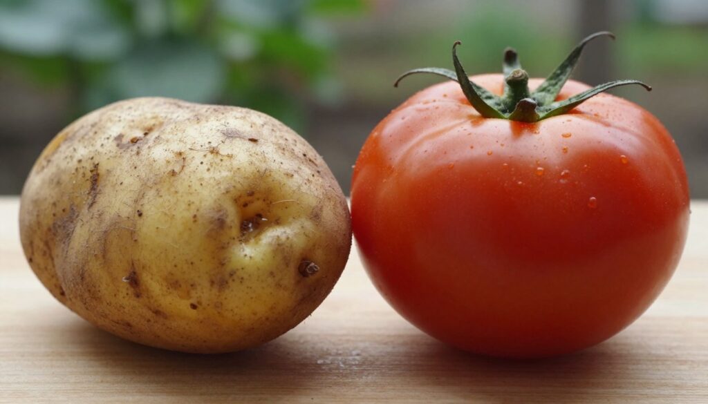 A close-up image contrasting the textures and colors of a potato tuber and a ripe fruit, such as a tomato, side by side on a wooden surface. The potato, with its earthy brown skin and rough texture, embodies a grounded, rustic feel, while the tomato, vibrant red and smooth, represents freshness and vitality. Soft, natural lighting illuminates the scene from the side, casting gentle shadows to enhance the three-dimensional quality of both subjects. In the background, a blurred garden setting hints at their natural habitats, creating a serene atmosphere that invites contemplation of their differences. Capture this composition with a macro lens perspective, emphasizing the details of both the bulwa and the owoc, while maintaining a tranquil and informative mood.