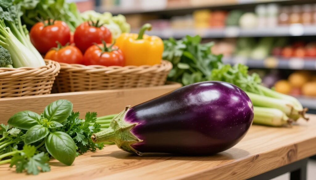 A close-up of a perfect, glossy eggplant in a well-lit grocery store produce section, showcasing its rich purple skin and smooth texture. In the foreground, the eggplant is placed on a bright wooden table, surrounded by fresh green herbs like basil and parsley, suggesting healthy cooking options. The middle layer features assorted vegetables like tomatoes and bell peppers in rustic wicker baskets, adding color and vibrancy. The background is softly blurred, highlighting shelves of fresh produce under warm, inviting lighting, creating a cozy shopping atmosphere. The overall mood is fresh and inviting, emphasizing the idea of selecting the ideal eggplant for delicious meals. Use a shallow depth of field to focus on the eggplant while keeping the surrounding elements subtly defined.