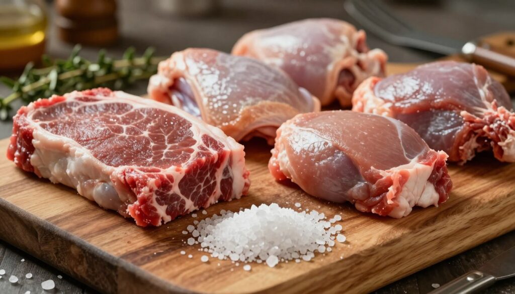 A close-up of raw meats—beef, chicken, and pork—arranged on a rustic wooden cutting board, surrounded by a sprinkle of coarse sea salt glistening under warm kitchen lighting. In the foreground, the salt appears crystalline and inviting, highlighting its texture. In the middle ground, juicy cuts of meat show marbling, emphasizing freshness and quality. Background elements include herb sprigs and kitchen utensils, softly blurred to keep focus on the meats. The overall mood is warm and inviting, suggesting a homey kitchen atmosphere. The image captures the essence of meat tenderization, showcasing salt as a key ingredient in a culinary setting.