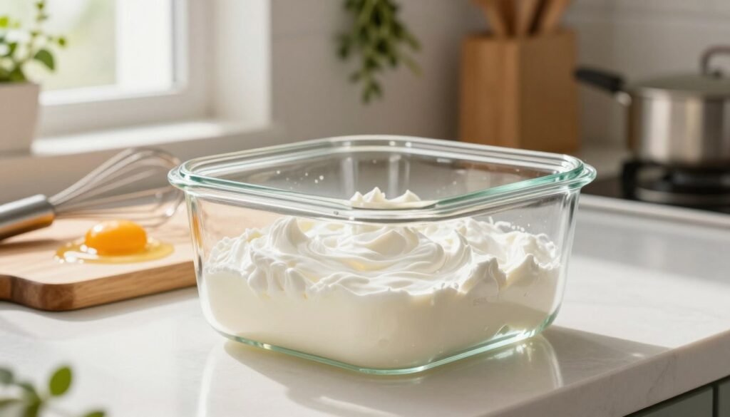 A close-up scene of egg whites being stored properly in a clear, labeled glass container in a well-organized kitchen. The foreground features a pristine, shiny glass container filled with fluffy, whipped egg whites, showcasing their texture. In the middle ground, a wooden cutting board displays a few egg yolks and whisking tools, emphasizing the preparation process. In the background, a bright, sunlit kitchen with hanging herbs and neatly arranged cooking utensils creates a warm atmosphere. Soft natural light streams through a window, casting gentle shadows. The overall mood is clean, inviting, and focused on culinary creativity and efficiency, suitable for demonstrating proper egg white storage techniques.