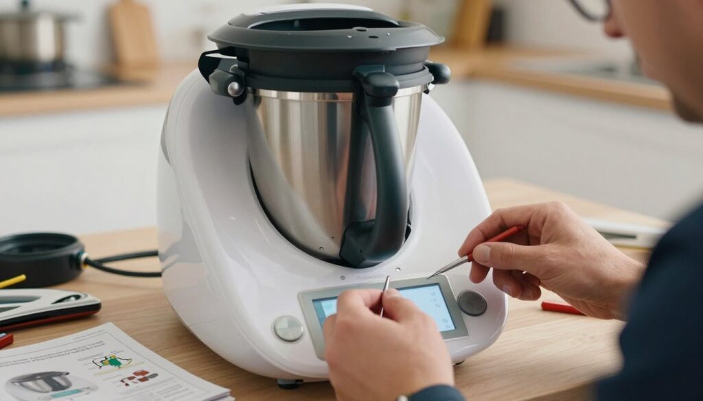 A close-up shot of a kitchen appliance modification in progress, focusing on the Thermomix device with opened panels showing intricate electronic components and wiring. In the foreground, a pair of hands in professional attire carefully handle tools, emphasizing caution and precision. The middle layer features the Thermomix surrounded by various kitchen tools and device manuals, suggesting a DIY modification setting. The background includes a softly lit modern kitchen, hinting at both the allure and risks of kitchen device alterations. Bright, ambient lighting creates a slightly tense atmosphere, instilling a sense of caution. Use a 35mm lens for depth of field, ensuring clarity on both the hands and the appliance details.