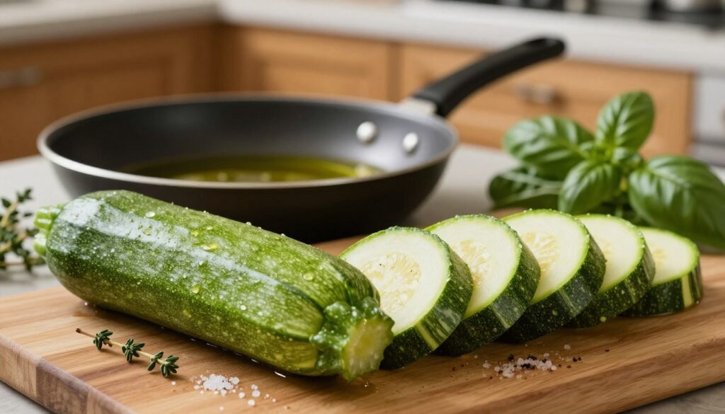 A close-up shot of freshly sliced, vibrant green zucchini on a wooden cutting board, highlighting the glistening moisture and texture of the vegetables. In the foreground, show slices of zucchini arranged artistically, with some lightly dusted with salt and pepper, glimmering under soft, warm kitchen lighting. In the middle ground, include a frying pan with a small amount of olive oil heated to a perfect sizzle, ready for cooking, accompanied by fresh herbs like thyme or basil. The background features a cozy kitchen with wooden cabinets softly blurred, enhancing the homey atmosphere. The overall mood is inviting and fresh, evoking a sense of healthy cooking and delicious simplicity. Aim for a natural and appetizing color palette.