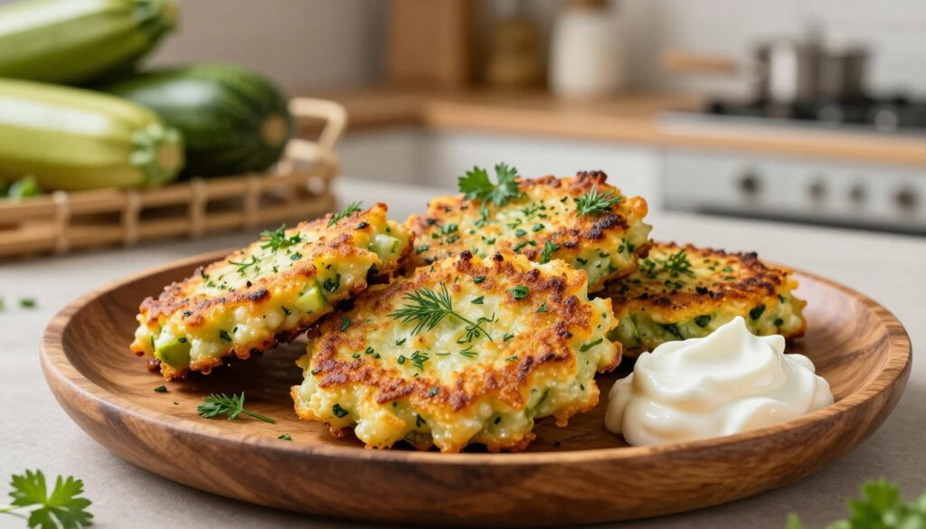 A close-up shot of golden, crispy zucchini fritters served on a rustic wooden plate. The fritters are garnished with fresh herbs, such as parsley and dill, and a dollop of creamy sour cream on the side. In the background, a soft focus reveals a well-lit cozy kitchen environment with shelves displaying fresh zucchinis and bowls of ingredients. The warm, inviting light casts gentle shadows, enhancing the texture of the fritters and highlighting their crispy surface. The image conveys a sense of homey comfort and appetizing flavor, inviting the viewer to experience a quick and delicious meal. Shot from a slightly elevated angle to showcase the fritters' alluring details and colors. A close-up shot of golden, crispy zucchini fritters served on a rustic wooden plate. The fritters are garnished with fresh herbs, such as parsley and dill, and a dollop of creamy sour cream on the side. In the background, a soft focus reveals a well-lit cozy kitchen environment with shelves displaying fresh zucchinis and bowls of ingredients. The warm, inviting light casts gentle shadows, enhancing the texture of the fritters and highlighting their crispy surface. The image conveys a sense of homey comfort and appetizing flavor, inviting the viewer to experience a quick and delicious meal. Shot from a slightly elevated angle to showcase the fritters' alluring details and colors.