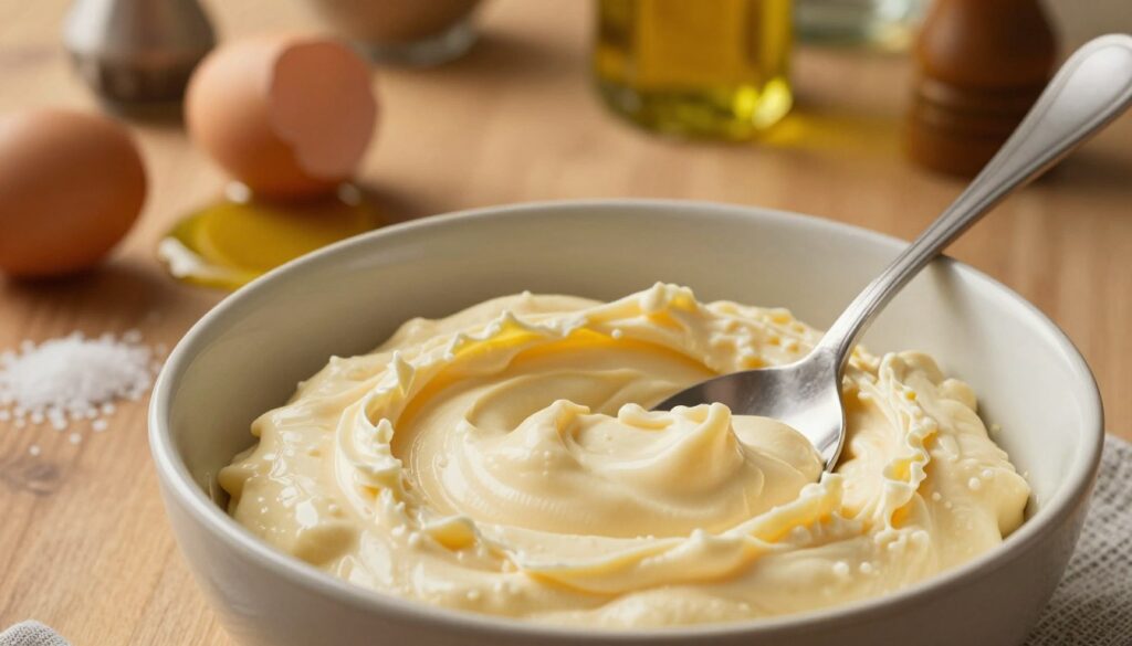 A close-up view of a bowl of curdled mayonnaise, with a lumpy, uneven texture to highlight the concept of "zwarzony majonez". The foreground features a silver spoon partially immersed in the bowl, showcasing the consistency of the mayonnaise. The middle ground includes a wooden table surface with scattered ingredients: a cracked egg, a drizzle of olive oil, and a sprinkle of salt, evoking the process of rescuing the sauce. The background should softly blur with kitchen utensils and condiments, creating a cozy cooking atmosphere. Golden hour lighting filters in, casting soft shadows and warm tones, giving the image an inviting feel. The overall mood is one of culinary creativity and problem-solving, perfect for illustrating the struggle to salvage an imperfect mayonnaise.