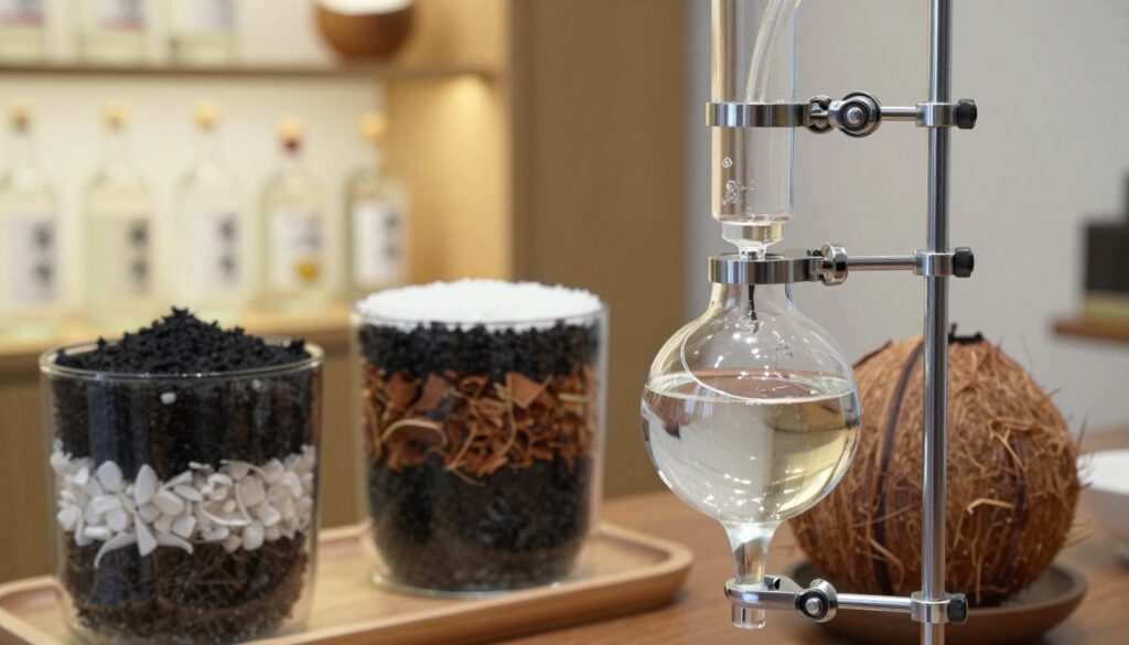 A close-up view of a distillation process, showcasing a beautifully arranged filtration setup for coconut-based spirits. In the foreground, highlight an elegant glass distillation apparatus with intricate tubing, filled with clear liquid reflecting subtle light. In the middle ground, depict various layers of filtration materials, including activated charcoal and coconut husks, neatly arranged to illustrate optimal filtration parameters. In the background, softly illuminated shelves display bottles of coconut spirit, creating a warm and inviting atmosphere. Use soft, natural lighting to enhance the clarity of the liquids and the texture of the filtration materials. The angle should be slightly elevated, giving a comprehensive view of the filtration process while maintaining an artistic focus on the distillation equipment. Aim for a serene and professional ambiance, embodying the craft of distillation.