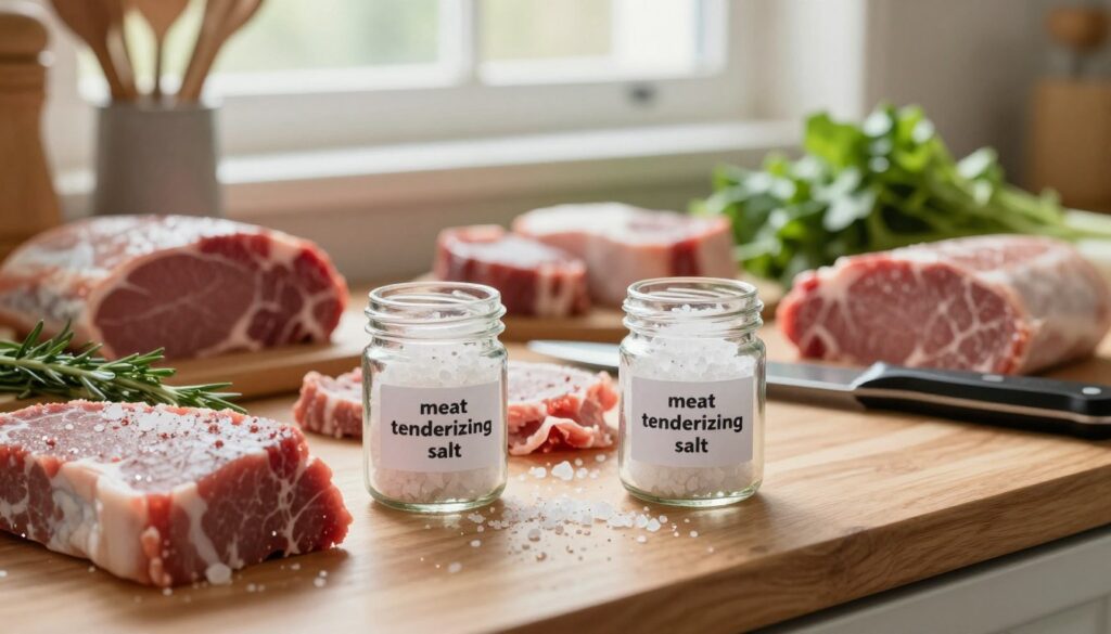 A close-up view of a wooden kitchen counter displaying various types of meat products gently sprinkled with softening salt crystals, highlighting their marbled textures and freshness. In the foreground, a small glass jar labeled 'meat tenderizing salt' is elegantly presented, with a few grains glistening in the soft, natural light streaming from a nearby window. The middle of the image features fresh herbs and a knife resting beside the meat, evoking a sense of culinary preparation. In the background, blurred kitchen elements, such as utensils and fresh vegetables, create a warm, inviting atmosphere. The overall mood is serene and organized, inspiring a sense of culinary artistry and the importance of proper ingredient handling and storage.