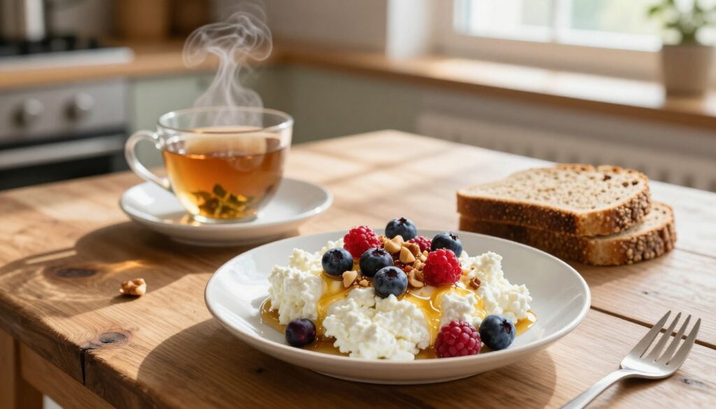 A cozy breakfast scene featuring an inviting plate of fresh cottage cheese, beautifully presented on a rustic wooden table. The foreground includes a generous serving of cottage cheese topped with vibrant berries, honey drizzle, and a sprinkle of nuts. In the middle area, a steaming cup of herbal tea and a slice of whole grain bread are placed, enhancing the homely feel. The background shows a softly lit kitchen with warm sunlight streaming through a window, casting gentle shadows. The atmosphere is tranquil and inviting, perfect for a quick and healthy breakfast. The layout is captured from a slight overhead angle, emphasizing the delicious, wholesome elements of the meal while conveying a sense of comfort and simplicity.