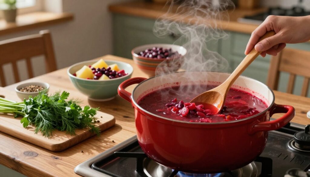 A cozy kitchen scene featuring a large, steaming pot of vibrant red borscht simmering on the stove. In the foreground, a wooden spoon stirs the soup, releasing aromatic steam. Fresh herbs like dill and parsley are artfully arranged on a cutting board nearby, hinting at fine seasoning. The middle ground showcases a rustic dining table set with colorful bowls of borscht, chunks of potatoes, and beans, all prepared for serving. The background reveals a softly lit kitchen with warm wooden tones, enhancing the inviting atmosphere. The lighting is warm and natural, casting gentle shadows that evoke a homey, comforting mood. Capture this scene from a slightly elevated angle to emphasize the delicious details and textures, creating a sense of warmth and culinary charm. A cozy kitchen scene featuring a large, steaming pot of vibrant red borscht simmering on the stove. In the foreground, a wooden spoon stirs the soup, releasing aromatic steam. Fresh herbs like dill and parsley are artfully arranged on a cutting board nearby, hinting at fine seasoning. The middle ground showcases a rustic dining table set with colorful bowls of borscht, chunks of potatoes, and beans, all prepared for serving. The background reveals a softly lit kitchen with warm wooden tones, enhancing the inviting atmosphere. The lighting is warm and natural, casting gentle shadows that evoke a homey, comforting mood. Capture this scene from a slightly elevated angle to emphasize the delicious details and textures, creating a sense of warmth and culinary charm.