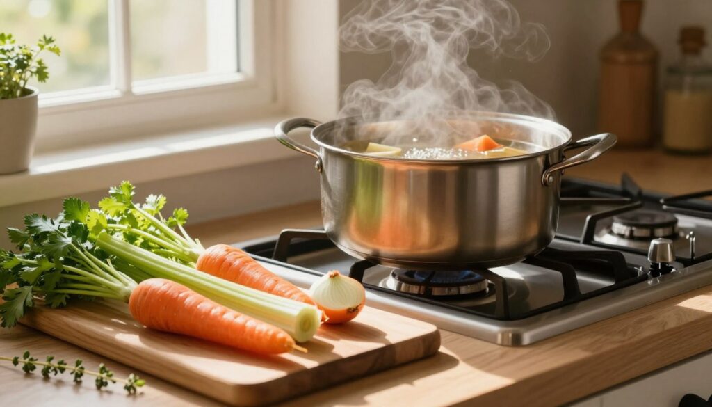 A cozy kitchen scene focused on a simmering pot of homemade broth rich in collagen-boosting ingredients. In the foreground, fresh vegetables such as carrots, celery, and onions are artfully arranged on a wooden cutting board, while herbs like parsley and thyme are scattered around. The pot in the middle is bubbling gently on a gas stove, with steam rising to create a warm, inviting atmosphere. In the background, a window allows soft, natural light to pour in, casting a golden hue across the countertop. Soft shadows enhance the textures of the vegetables and pot, emphasizing the nutritious essence of the dish. The overall mood is serene and homey, evoking feelings of comfort and health.