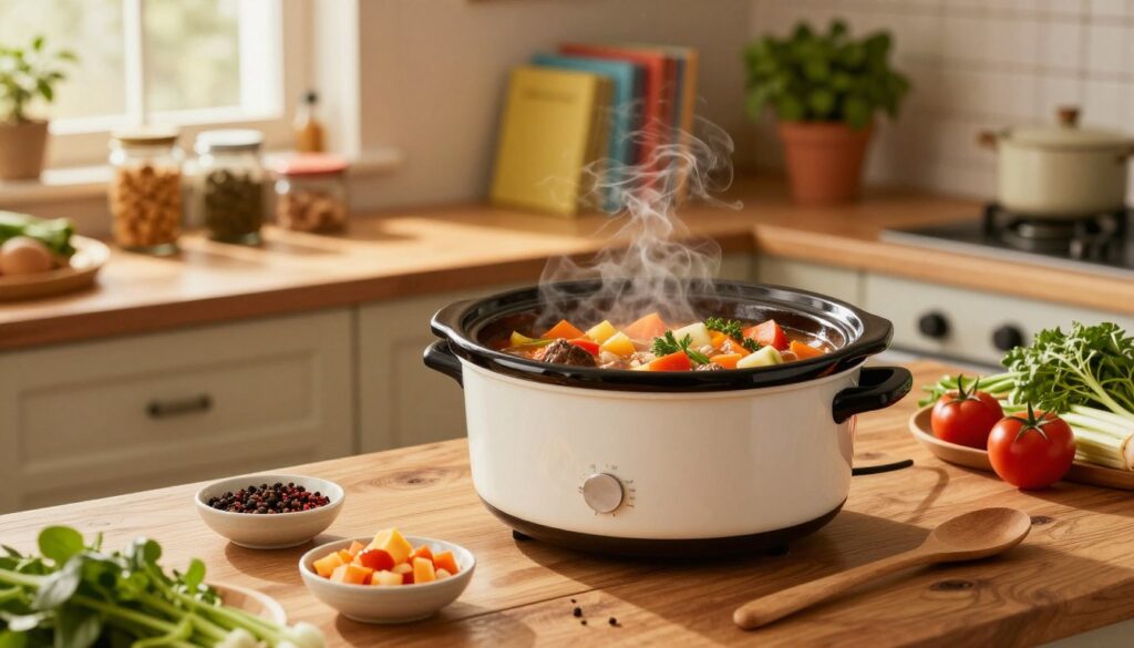 A cozy kitchen setting featuring a beautifully arranged slow cooker with a hearty, vibrant stew bubbling inside. In the foreground, an array of fresh ingredients such as diced vegetables, herbs, and spices neatly displayed on a rustic wooden table. In the middle ground, a warm, inviting kitchen with a wooden cabinet stocked with jars, a wooden spoon resting beside the slow cooker, and warm light streaming through a window, creating a soft glow. The background features shelves with colorful cookbooks and a potted herb plant, adding a homey touch. The mood is warm and inviting, evoking the comfort of home-cooked meals, perfect for a family gathering. Capture the scene from a slightly elevated angle to showcase the depth and layers of the kitchen.