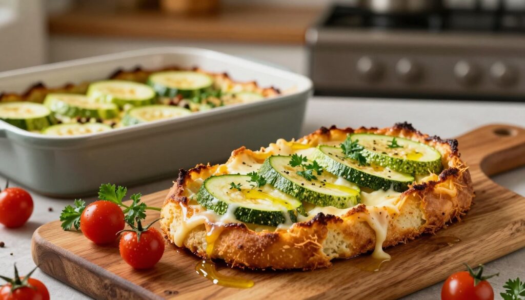 A delicious zapiekanka featuring golden brown zucchini slices layered atop a crispy, baked bread base, garnished with melted cheese, fresh herbs, and a drizzle of olive oil. In the foreground, display the zapiekanka on a rustic wooden serving board, accented with vibrant cherry tomatoes and sprigs of parsley. The middle ground includes a baking dish in soft focus, revealing additional cooked zucchini slices and aromatic spices. The background showcases a cozy kitchen setting with warm, ambient lighting that creates an inviting atmosphere. The composition should be shot from a slightly elevated angle to emphasize the textures and colors of the dish, making it look appetizing and appealing for a family meal. A delicious zapiekanka featuring golden brown zucchini slices layered atop a crispy, baked bread base, garnished with melted cheese, fresh herbs, and a drizzle of olive oil. In the foreground, display the zapiekanka on a rustic wooden serving board, accented with vibrant cherry tomatoes and sprigs of parsley. The middle ground includes a baking dish in soft focus, revealing additional cooked zucchini slices and aromatic spices. The background showcases a cozy kitchen setting with warm, ambient lighting that creates an inviting atmosphere. The composition should be shot from a slightly elevated angle to emphasize the textures and colors of the dish, making it look appetizing and appealing for a family meal.