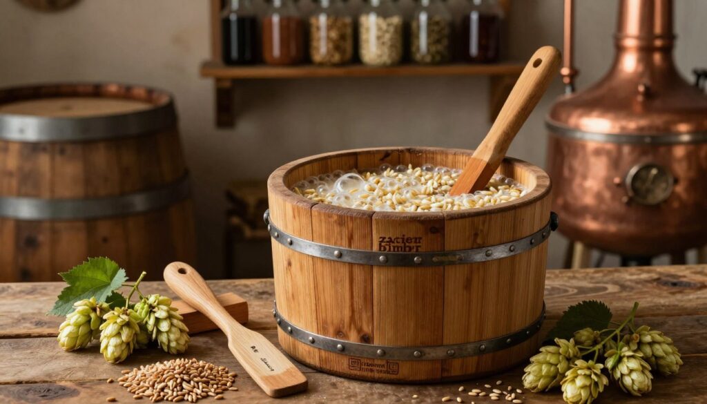 A detailed and informative still-life composition of "zacier bimber" preparation, focusing on a traditional wooden mash tun filled with a bubbling grain mixture. In the foreground, include fermentation tools like a hydrometer and a stirring paddle, elegantly arranged with fresh grains and hops. The middle ground should feature a rustic kitchen setting, with barrels and a copper still partially visible, hinting at the distillation process. The background can include shelves lined with glass jars of ingredients, creating an inviting atmosphere. Soft, warm lighting illuminates the scene, emphasizing the textures of the wood and grains. A shallow depth of field adds focus to the mash tun while gently blurring the background, evoking a sense of authenticity and warmth in the artisanal crafting of spirits.