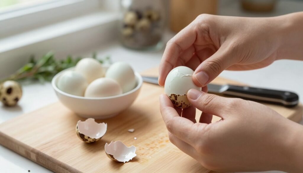 A detailed close-up of a person carefully peeling quail eggs. The foreground features a pair of hands gently holding a quail egg, with a few shell fragments scattered around on a clean wooden cutting board. The middle layer includes a small bowl of peeled quail eggs, showing their delicate texture and pale color, alongside a tiny kitchen knife. In the background, there are blurred kitchen elements like herbs and spices, emphasizing a cozy, well-lit kitchen atmosphere. The image is softly lit, creating a warm mood, with natural light coming from a nearby window, casting gentle shadows. The composition captures the meticulous process of peeling, highlighting the tenderness and precision required.