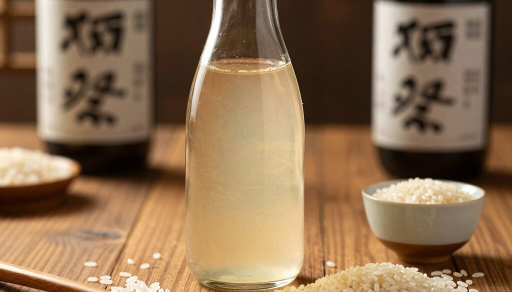 A detailed close-up of a traditional glass bottle of rice bimber, showcasing the clear liquid with subtle golden hues reflecting the light. The bottle is positioned on a wooden table, surrounded by uncooked rice grains and a small ceramic cup, suggesting a cultural context. In the background, softly blurred images of sake bottles highlight the contrast between the two beverages. Warm, ambient lighting enhances the inviting atmosphere, while a shallow depth of field brings the focus to the bimber. The scene should evoke a sense of tradition and craftsmanship, emphasizing the unique characteristics of rice bimber compared to sake. No human subjects are present, maintaining a purely illustrative focus on the beverages.