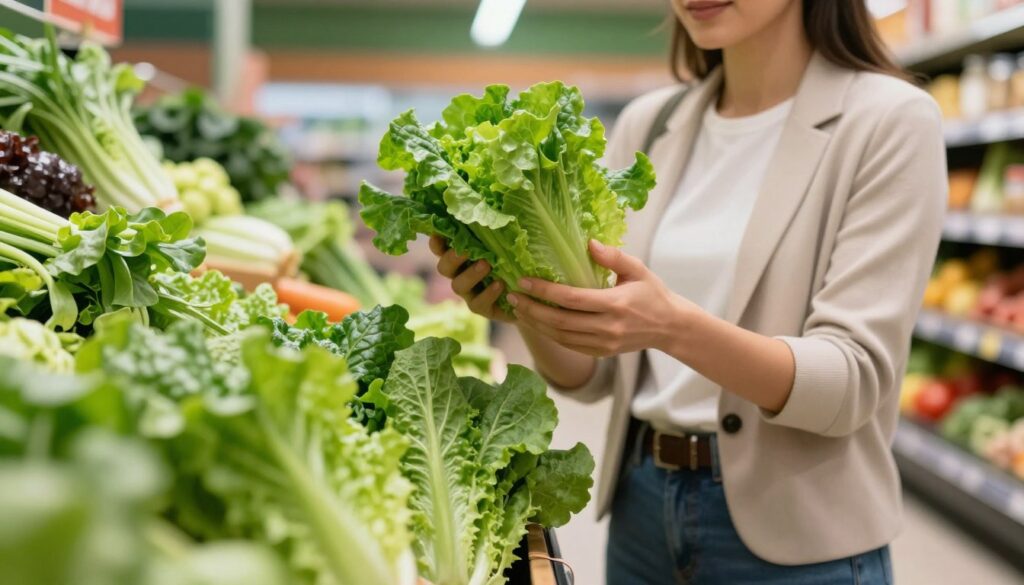 A detailed close-up shot of a fresh roszponka (lamb's lettuce) displayed prominently in the foreground, showcasing its vibrant green leaves and intricate textures. The middle ground features a female shopper, dressed in smart casual attire, thoughtfully inspecting a bunch of roszponka held in her hands. She is standing in a bright, inviting grocery store with various vegetables artfully arranged on shelves in the background. Soft, natural lighting filters in from above, casting gentle shadows that enhance the vivid colors of the produce. The atmosphere is warm and engaging, emphasizing a sense of care and mindfulness in choosing healthy food options. Focus on capturing the freshness and appeal of the roszponka while highlighting the act of purchasing in a vibrant market setting.