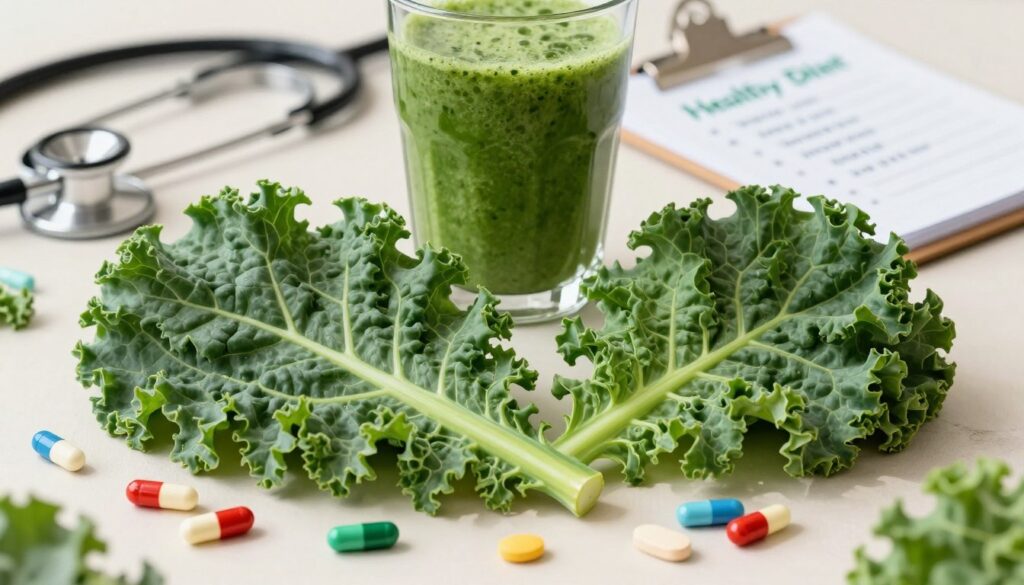 A detailed illustration of interactions between kale and anticoagulant medications. In the foreground, fresh kale leaves are artistically arranged, showcasing their deep green color and textured surfaces, surrounded by small, colorful capsules and tablets representing various blood-thinning medications. In the middle ground, a glass of green smoothie made with kale stands prominently, hinting at common dietary practices. In the background, softly blurred medical references such as a stethoscope and a notepad with healthy diet notes create an informative context. The lighting is bright and natural, highlighting the freshness of the kale while casting soft shadows. This composition evokes a sense of caution and awareness, aiming to illustrate the importance of dietary interactions with medications. A detailed illustration of interactions between kale and anticoagulant medications. In the foreground, fresh kale leaves are artistically arranged, showcasing their deep green color and textured surfaces, surrounded by small, colorful capsules and tablets representing various blood-thinning medications. In the middle ground, a glass of green smoothie made with kale stands prominently, hinting at common dietary practices. In the background, softly blurred medical references such as a stethoscope and a notepad with healthy diet notes create an informative context. The lighting is bright and natural, highlighting the freshness of the kale while casting soft shadows. This composition evokes a sense of caution and awareness, aiming to illustrate the importance of dietary interactions with medications.