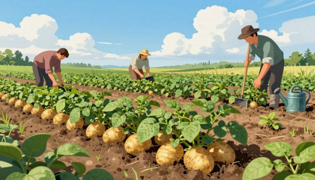 A detailed illustration of the potato cultivation process, showcasing a picturesque agricultural landscape. In the foreground, healthy potato plants with vibrant green leaves and ripe, earthy potatoes emerging from the soil. The middle ground features farmers in modest, professional clothing carefully tending to the plants, demonstrating various stages of growth. Surrounding them, tools for cultivation like hoes and watering cans. In the background, a bright blue sky dotted with fluffy white clouds sets a hopeful mood, while gentle sunlight bathes the scene, emphasizing the lushness of the farmland. Capture this moment at a slightly elevated angle to provide depth, ensuring a peaceful and industrious atmosphere.