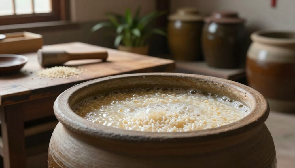 A detailed scene depicting the process of fermenting rice mash, focusing on traditional methods. In the foreground, a close-up of a clay fermentation vessel filled with rice mash, displaying bubbles indicating active fermentation. The middle layer features a wooden table with tools such as a pestle and rice grains scattered around. The background includes a soft-focus view of a rustic workshop with jars and plants, evoking a warm, earthy atmosphere. Natural light filters through a window, casting gentle shadows and highlighting the textures of the materials. The composition conveys a sense of craftsmanship and tradition, inviting viewers to appreciate the intricacy of the fermentation process.