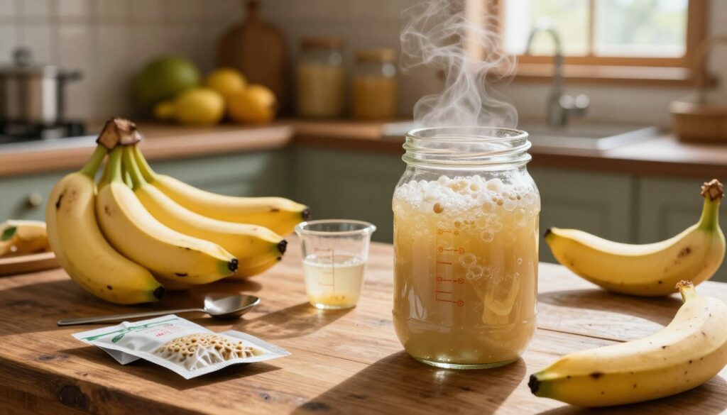 A detailed scene of banana fermentation in a rustic setting, featuring ripe bananas in various stages of fermentation. In the foreground, a glass jar filled with bubbling banana mash, surrounded by scattered banana peels and yeast packets. In the middle, a wooden table with traditional fermentation tools like a measuring cup, a spoon, and a thermometer placed beside the jar. The background shows a softly lit kitchen with wooden shelves lined with fruits and jars, hinting at a warm, inviting atmosphere. Gentle sunlight streams through a window, casting soft shadows, while a hint of steam rises from the mash. The mood is cozy and scientific, focused on the art of transforming bananas into alcohol.