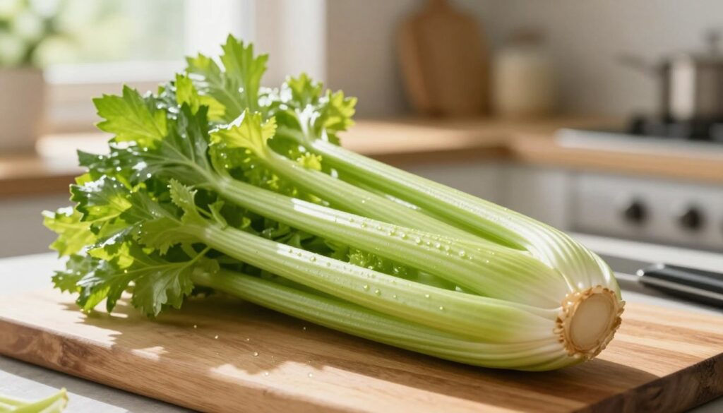 A fresh bunch of celery, known as "seler naciowy," is displayed prominently in the foreground, showcasing its crisp green stalks and lush leaves. The background features a soft-focus kitchen setting, with a sunlight streaming through a window, creating a warm and inviting atmosphere. The middle ground includes a rustic wooden cutting board with a knife, hinting at preparation for a healthy meal. Delicate light plays on the glistening surface of the celery, emphasizing its freshness and vitality. Capture the essence of natural health and weight loss support, evoking a sense of wellness and nutritious living. Use a close-up angle to highlight the textures and colors, ensuring the image feels vibrant and appetizing.