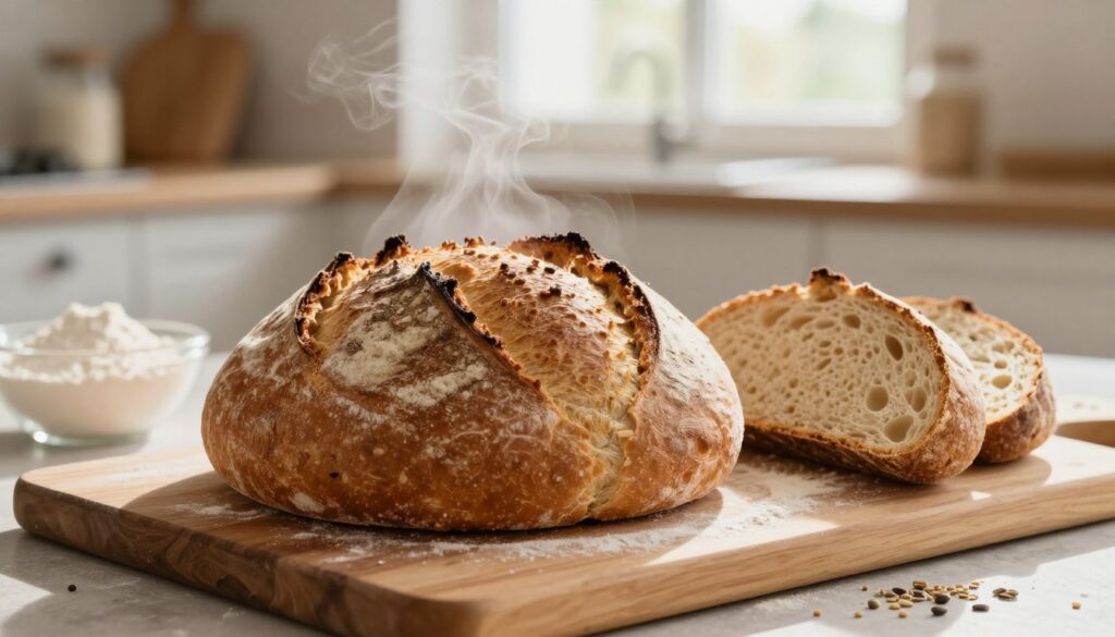 A freshly baked loaf of "chleb patelni" sits prominently in the foreground, its golden-brown crust showcasing a rustic, artisanal texture, with steam gently rising from its surface. Surrounding the bread are slices cut open, revealing the soft, airy crumb inside. In the middle ground, a wooden cutting board, lightly dusted with flour, adds warmth and authenticity to the scene. The background features a cozy kitchen setting with soft, natural light streaming in from a window, illuminating a few scattered ingredients like flour and seeds. The overall atmosphere is inviting and homely, evoking a sense of comfort and simplicity, perfect for a moment of baking at home. Use a shallow depth of field to bring focus to the bread while softly blurring the background details.