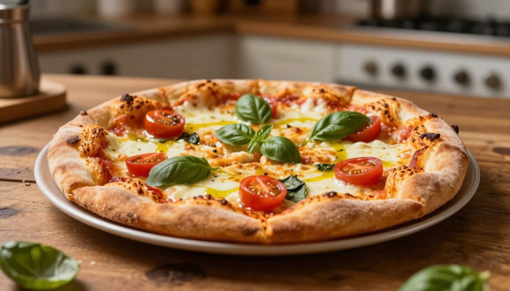 A freshly baked pizza on flaky puff pastry serves as the centerpiece of the image. The pizza is topped with vibrant ingredients: melting mozzarella cheese, juicy cherry tomatoes, fresh basil leaves, and a drizzle of olive oil, all glowing under warm, inviting lighting. In the foreground, the crust's golden edges are crisp and flaking slightly, suggesting a delightful crunch. The middle ground features a rustic wooden table, giving it a cozy, home-cooked feel. In the background, a softly blurred kitchen setting with warm tones and subtle hints of kitchenware adds a relaxed atmosphere. The angle captures the pizza at a slight elevation, emphasizing its delicious toppings, inviting viewers to enjoy this quick and easy culinary delight. A freshly baked pizza on flaky puff pastry serves as the centerpiece of the image. The pizza is topped with vibrant ingredients: melting mozzarella cheese, juicy cherry tomatoes, fresh basil leaves, and a drizzle of olive oil, all glowing under warm, inviting lighting. In the foreground, the crust's golden edges are crisp and flaking slightly, suggesting a delightful crunch. The middle ground features a rustic wooden table, giving it a cozy, home-cooked feel. In the background, a softly blurred kitchen setting with warm tones and subtle hints of kitchenware adds a relaxed atmosphere. The angle captures the pizza at a slight elevation, emphasizing its delicious toppings, inviting viewers to enjoy this quick and easy culinary delight.