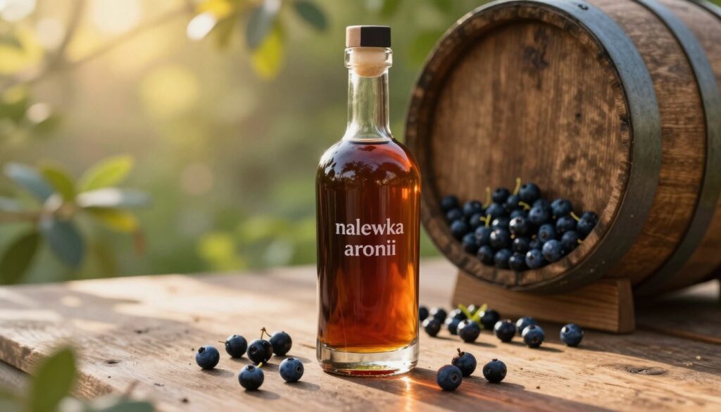 A glass bottle of "nalewka aronii" stands elegantly on a rustic wooden table, with vibrant dark blue-black aronia berries scattered around it. In the foreground, the bottle catches soft, golden light, highlighting its rich amber liquid. The middle ground features a beautifully crafted, aged oak barrel partially filled with more aronia berries, suggesting a traditional aging process. In the background, blurred greenery and warm sunlight filter through leaves, creating an inviting, natural atmosphere. The scene evokes a sense of warmth and tradition, perfect for showcasing the meticulous craft of homemade spirits. The lighting is soft yet warm, reminiscent of late afternoon, casting gentle shadows that enhance the bottle's contours. The angle is slightly tilted to give a dynamic perspective, immersing viewers in the essence of the drink's rich flavor and careful fermentation.