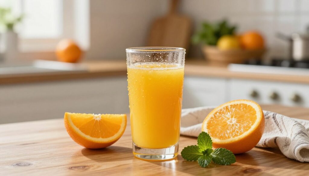 A glass of fresh orange juice sits elegantly on a polished wooden table, glistening with condensation. Surrounding the glass, vibrant slices of oranges and vivid green mint leaves hint at the juiciness and freshness. In the background, a sunlit kitchen with soft, warm lighting creates a welcoming atmosphere, with fruit baskets and greenery subtly enhancing the scene. A rustic towel drapes casually beside the glass, suggesting a connection to wholesome living. The focus is sharp on the juice, while the background is gently blurred, giving a bokeh effect that adds depth. The overall mood is refreshing and uplifting, capturing the health benefits of consuming orange juice regularly.