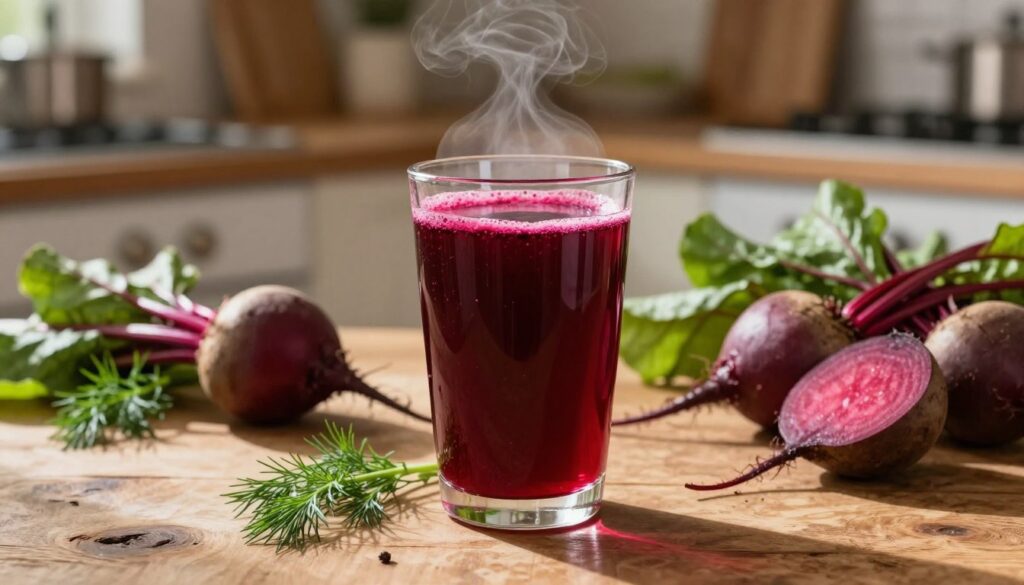A glass of vibrant, deep red fermented beet juice sits elegantly on a rustic wooden table. The foreground features the glass filled with a rich, opaque liquid, reflecting soft sunlight. Around it, fresh beets and aromatic herbs like dill are scattered, highlighting the ingredients used in creating the juice. In the middle, a background of a cozy kitchen with warm, inviting light creates an atmosphere of health and vitality. The scene captures the essence of fresh versus fermented, with subtle lighting casting gentle shadows that enhance the texture of the beet juice. A hint of steam rising from the glass suggests freshness and warmth, evoking a feeling of nourishment and wellness, perfect for emphasizing the health benefits in an article about beet juice.