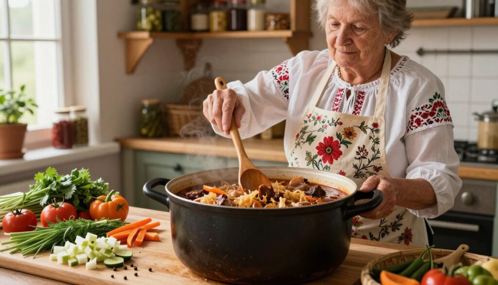 A homely kitchen scene centered around the preparation of traditional bigos, featuring a large, bubbling pot of rich, dark stew filled with sauerkraut, various meats, and spices. In the foreground, a wooden cutting board displays chopped vegetables and herbs. The middle ground showcases an elderly Polish woman, dressed modestly in a floral apron, stirring the pot with a wooden spoon, her expression focused and content. The background features rustic kitchen elements like wooden shelves filled with jars of pickles and spices, warm, natural light filtering in through a window, creating a cozy atmosphere. The scene captures the essence of home-cooked comfort, emphasizing the art of thickening and seasoning the dish. A homely kitchen scene centered around the preparation of traditional bigos, featuring a large, bubbling pot of rich, dark stew filled with sauerkraut, various meats, and spices. In the foreground, a wooden cutting board displays chopped vegetables and herbs. The middle ground showcases an elderly Polish woman, dressed modestly in a floral apron, stirring the pot with a wooden spoon, her expression focused and content. The background features rustic kitchen elements like wooden shelves filled with jars of pickles and spices, warm, natural light filtering in through a window, creating a cozy atmosphere. The scene captures the essence of home-cooked comfort, emphasizing the art of thickening and seasoning the dish.