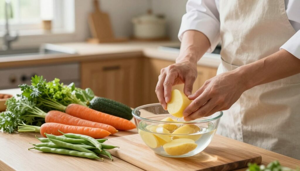 A kitchen scene showcasing various culinary techniques to reduce potassium levels in vegetables. In the foreground, a chef in a simple yet professional apron is demonstrating the process of soaking sliced potatoes in water, emphasizing the technique's importance. The middle ground includes a variety of colorful, fresh vegetables, such as carrots and green beans, arranged thoughtfully alongside a bowl of water. The background features a bright, well-lit kitchen with wooden cabinetry and natural light streaming through the window, creating a warm and inviting atmosphere. The image captures the essence of healthy cooking while highlighting the importance of potassium reduction, focusing on a methodical, educational approach. A kitchen scene showcasing various culinary techniques to reduce potassium levels in vegetables. In the foreground, a chef in a simple yet professional apron is demonstrating the process of soaking sliced potatoes in water, emphasizing the technique's importance. The middle ground includes a variety of colorful, fresh vegetables, such as carrots and green beans, arranged thoughtfully alongside a bowl of water. The background features a bright, well-lit kitchen with wooden cabinetry and natural light streaming through the window, creating a warm and inviting atmosphere. The image captures the essence of healthy cooking while highlighting the importance of potassium reduction, focusing on a methodical, educational approach.