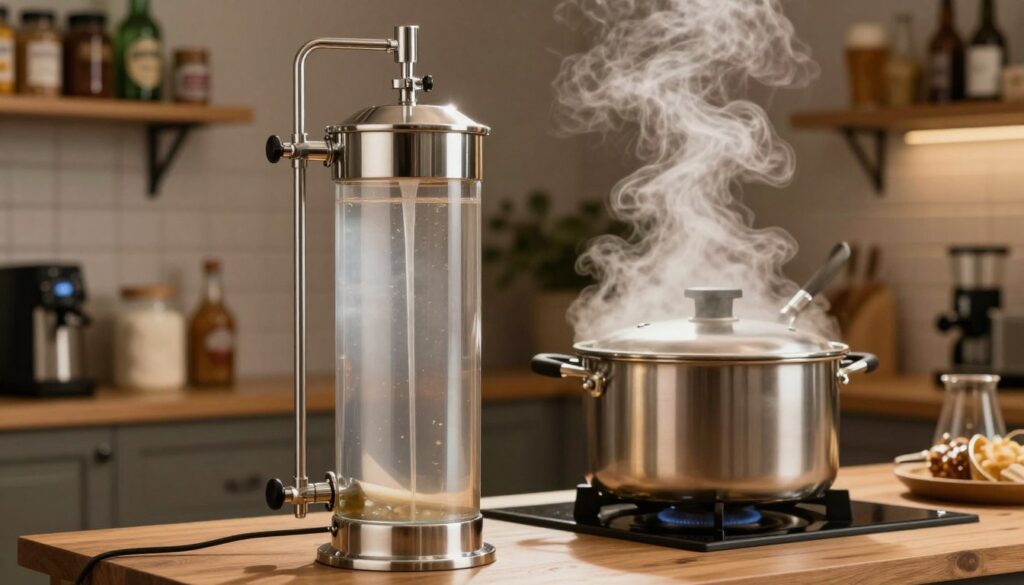 A modern home brewing setup featuring a detailed beer wort chiller prominently in the foreground. The chiller should be stainless steel, with clear water flowing through it, illustrating its cooling function. In the middle ground, a brew kettle is depicted, with steam rising from it, showing the beer brewing process. The background showcases a cozy home brewery environment, with shelves lined with brewing ingredients and equipment. Use warm, inviting lighting to create a homely atmosphere, with a focus on the shiny, functional aspects of the chiller. The scene should evoke a sense of hobbyist passion and technical precision, shot at eye level to bring the viewer into the brewing experience.