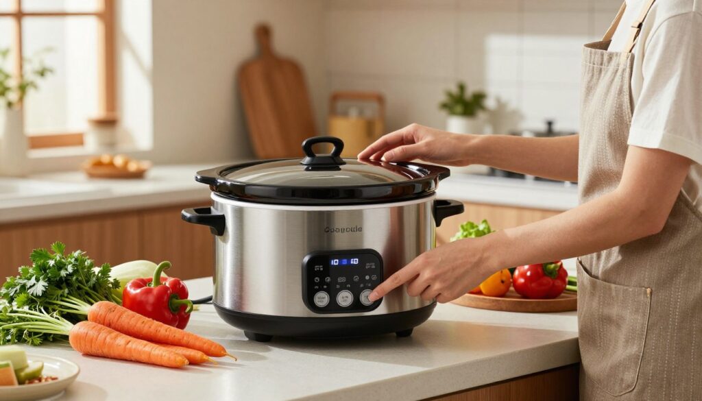 A modern kitchen scene featuring a sleek slow cooker, positioned prominently on a countertop. In the foreground, showcase a person wearing a stylish apron, attentively adjusting the temperature settings on the device, displaying a sense of focus and confidence. The middle ground includes an array of colorful fresh vegetables, like carrots, bell peppers, and herbs, artfully arranged around the slow cooker, symbolizing the ingredients for a hearty one-pot meal. The background reveals a warm, inviting kitchen ambiance with soft, natural light streaming through a window, casting gentle shadows. The overall mood is cozy and practical, highlighting the joys of simple, nourishing cooking.