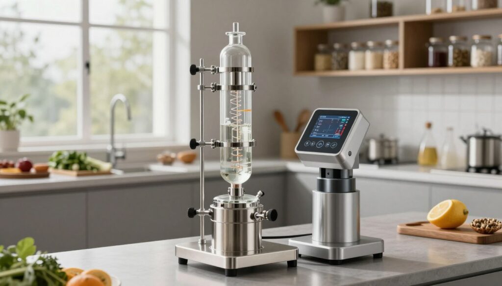 A modern robotic distillation device, showcasing its intricate functionality. In the foreground, a sleek stainless steel distillation column with glass components, revealing evaporating liquids, and digital control panels displaying temperature readings. The middle ground features a spacious, high-tech kitchen setting illuminated by soft, natural light filtering through large windows, with an organized countertop displaying ingredients like herbs and fruits. In the background, blurred shelves filled with jars and tools for brewing, adding a sense of depth. The overall atmosphere is one of innovation and culinary exploration, highlighting the robot's advanced capabilities in the distillation process, emphasizing both potential and limitations. The composition is captured from a slightly elevated angle, focusing on the distillation apparatus while maintaining clarity and detail throughout.
